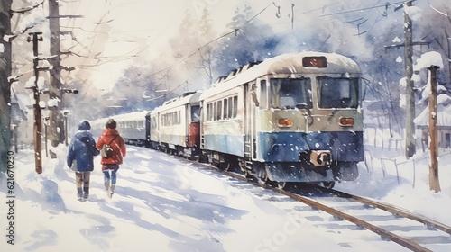 Mixed Media Manned Train Winter Watercolor Painting In Japan