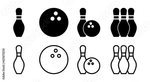 Bowling icon set illustration. bowling ball and pin sign and symbol.
