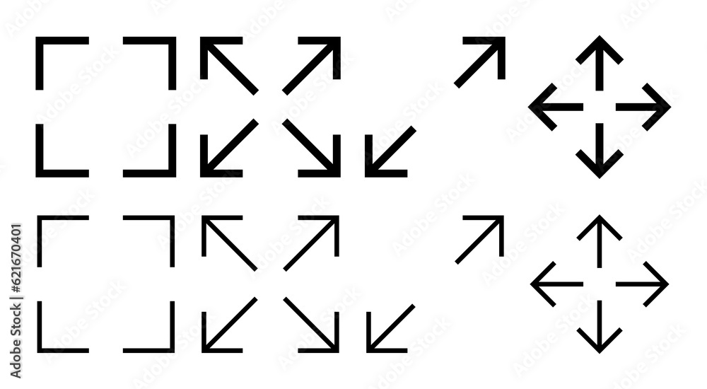 Fullscreen Icon set illustration. Expand to full screen sign and symbol. Arrows symbol Fullscreen Icon set illustration. Expand to full screen sign and symbol. Arrows symbol