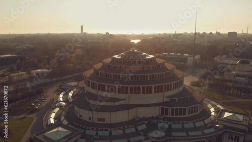 Centennial Hall in Wroclaw, Poland. Aerial footage, Drone shots, Architectural marvel, UNESCO World Heritage Site, Historic landmark, Modernist architecture, Max Berg, Symmetrical, Hala stulecia