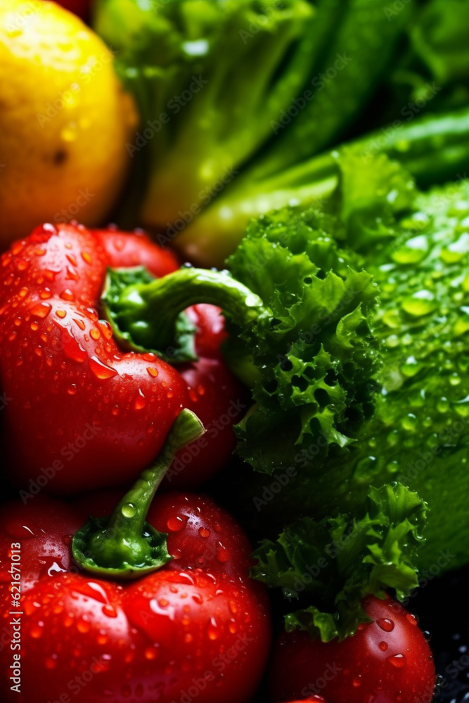 vegetarian vegetable healthy food water organic green background drop fresh black close-up. Generative AI. vegetarian vegetable healthy food water organic green background drop fresh black close-up. Generative AI.