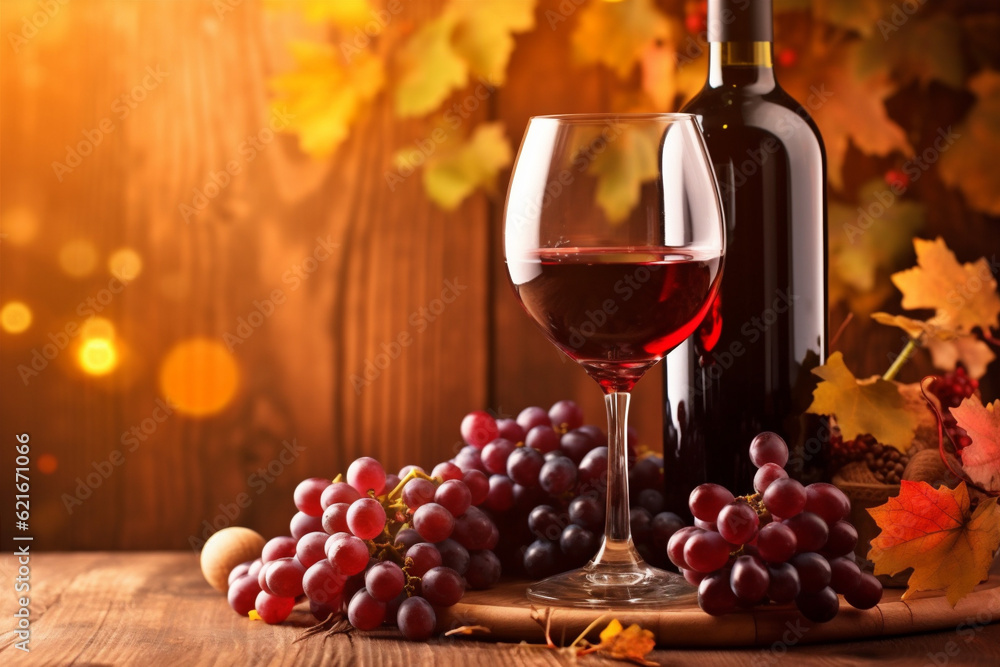 alcohol food drink sunset grape winery wine bottle glass background beverage. Generative AI.