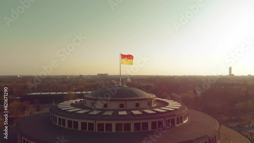 Centennial Hall in Wroclaw, Poland. Aerial footage, Drone shots, Architectural marvel, UNESCO World Heritage Site, Historic landmark, Modernist architecture, Max Berg, Symmetrical, Hala stulecia