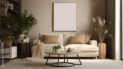 living room with beige sofa and frame with blank picture, ai generative illustration © Helena GARCIA