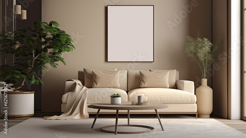 living room with beige sofa and frame with blank picture  ai generative illustration