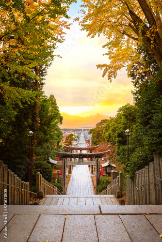 Fototapeta Fukuoka, Japan - Nov 21 2022: Miyajidake Shrine is primarily dedicated to Empres