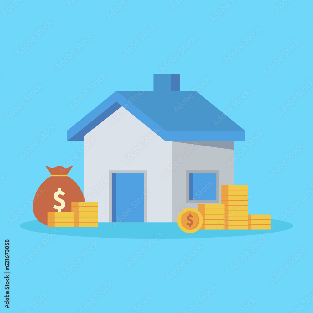 House property with money isolated on blue background. vector illustration. House property with money isolated on blue background. vector illustration.