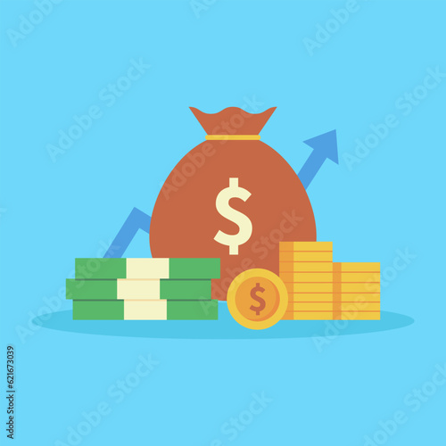 Money chart income growth financial isolated on blue background. vector illustration.