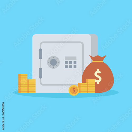 Safe box with money isolated on blue background. vector illustration.