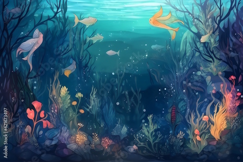 Enchanting Underwater Birthday Celebration  Poster of a Dreamy and Beautiful Background  Featuring Fish  Mermaids  and an Imaginative Underwater World. Generative AI