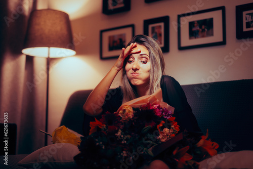 Woman Receiving Unsolicited Gift from her Admirer. Stalker sending floral bouquets as unsolicited courtship gesture

