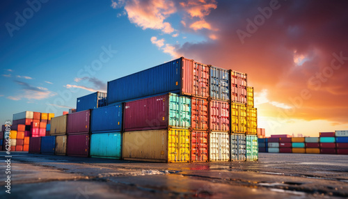 Stack of blue container boxes with sky background. Cargo freight shipping for import and export logistics