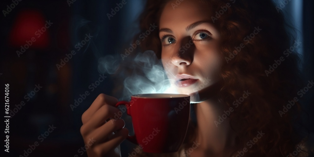 Woman drinking steaming hot cup of coffee on dark background Woman drinking steaming hot cup of coffee on dark background