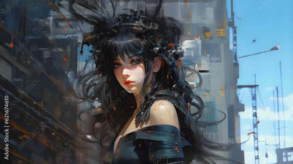 Fototapeta premium anime girl cyberpunk digital painting