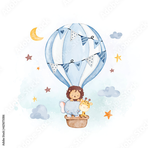 Canvas Print Watercolor illustration cute animals in hot air balloon with clouds and stars