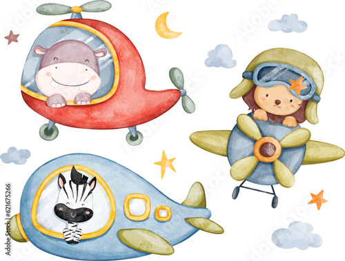 Watercolor illustration set of air transportation with safari animals star and moon elements
