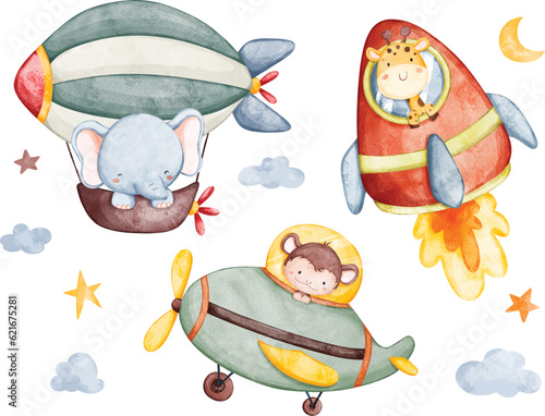 Watercolor illustration set of air transportation with safari animals star and moon elements