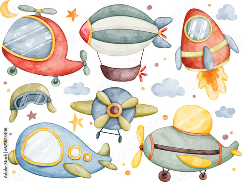 Watercolor illustration set of air transportation with star and moon elements