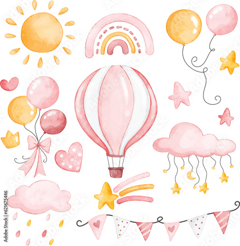 Foto Watercolor Illustration set of nursery clipart for baby girl