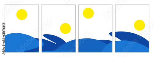 Set of abstract landscape poster. Trendy background flat, contemporary boho sea, ocean, sun minimalist illustration.