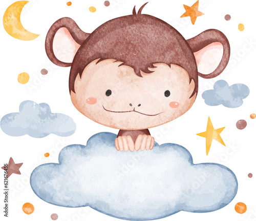 Watercolor illustration monkey and cloud with stars and moon