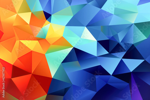 Abstract digital background of blue red yellow volumetric triangles. Modern multi-colored background from bright mosaic