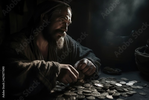 Fototapeta Judas 30 pieces of silver, sack thirty coins biblical symbol betrayal, religion,