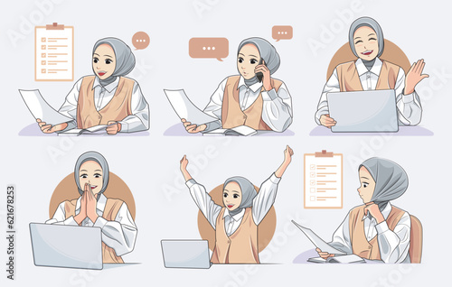 Muslim business woman characters set. Young women in hijab characters set vector illustration