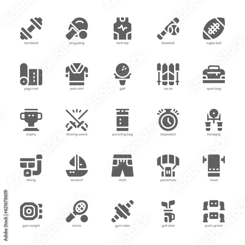 Sports Equipment Icon pack for your website design, logo, app, and user interface. Sports Equipment Icon glyph design. Vector graphics illustration and editable stroke.