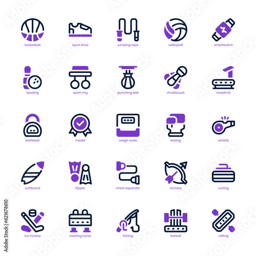 Sports Equipment Icon pack for your website design, logo, app, and user interface. Sports Equipment Icon mixed line and solid design. Vector graphics illustration and editable stroke.