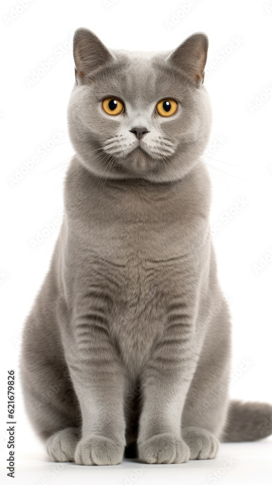grey British Shorthair cat sitting on white background