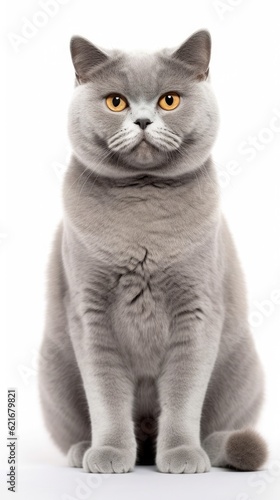grey British Shorthair cat sitting on white background