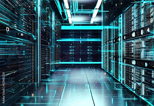 Futuristic data center room with rows of equipment interior with big data cybersecurity illustration neural with Generative AI.