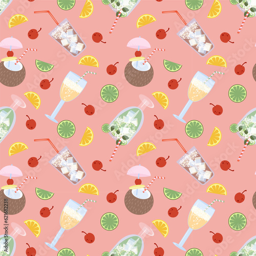 Colorful seamless pattern of refreshing drinks with fruits and berries. Vector illustration