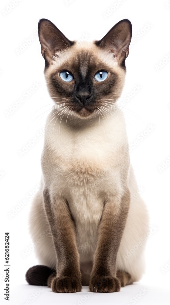 Siamese cat sitting on white background