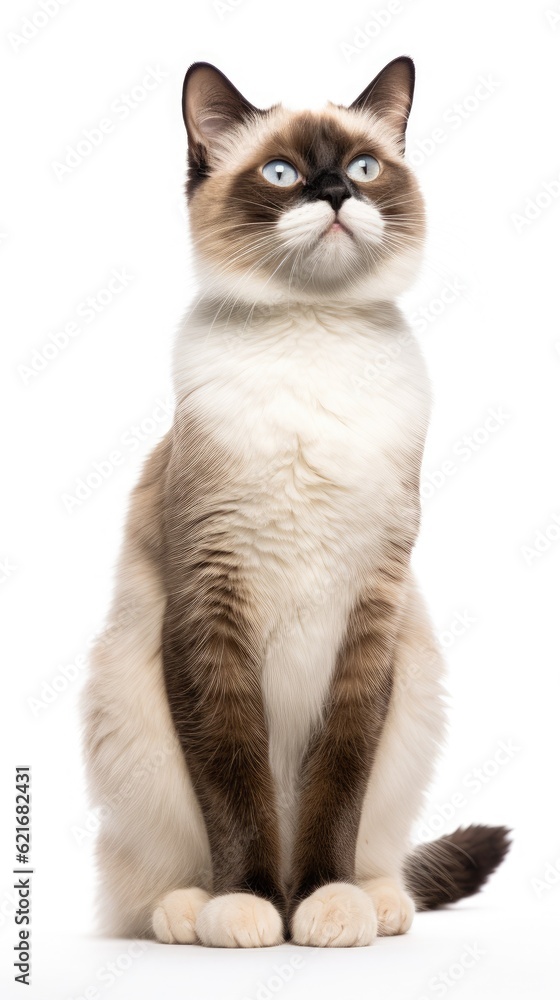 Snowshoe cat sitting on white background