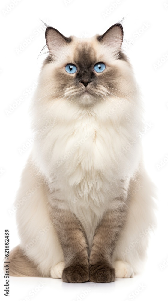 Ragdoll cat sitting on white background