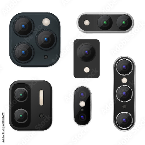 Smartphone back camera different electronic innovation photography video tool set realistic vector
