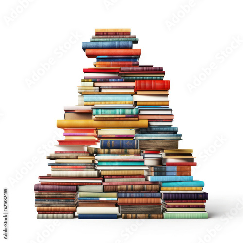 Many books with bright covers in one stack on a white background. Place for text. Design element, paper and leather texture. Colorful books closeup. education and learning concept.Generative AI © Margo_Alexa