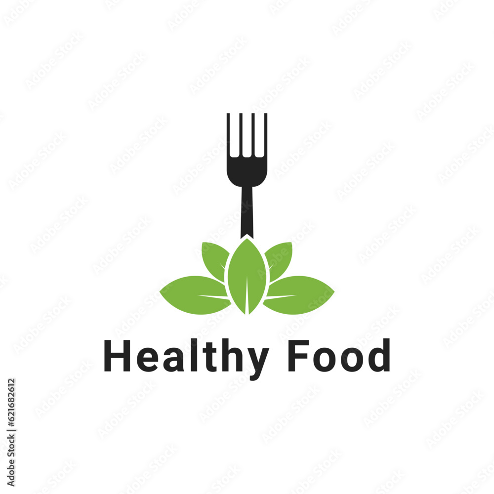 Healthy food logo design idea with fork and leaf Healthy food logo design idea with fork and leaf