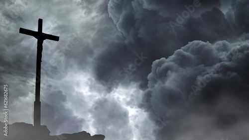 jesus and cross on hill thunderstorm background