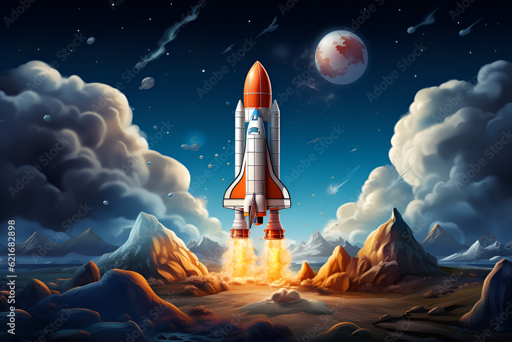 illustration of a rocket launching, Rocket launching, Rocket launching in space, illustration, artwork. Generative AI.