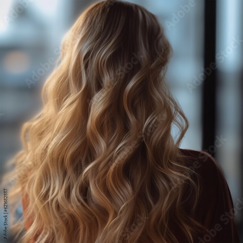  young woman with honey blonde hair in wavy styling in beauty salon after service.back view. Banner or poster. Social media content for beauty salons. Generative AI