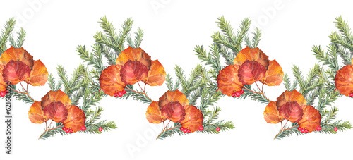 Seamless rim with autumn bouquet. Watercolor hand-drawn leaves and red currant and green fir on white background. Forest nature plant foliage. Border for halloween or wallpaper or wrapping