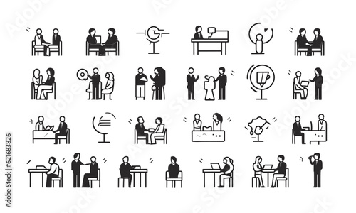 Web icon in the line style for a meeting. Team meetings, conferences, seminars, interviews, and collection Illustrations in vector