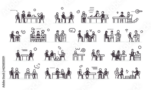 Web icon in the line style for a meeting. Team meetings, conferences, seminars, interviews, and collection Illustrations in vector