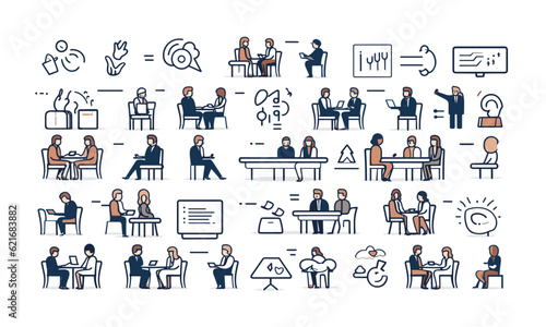 Web icon in the line style for a meeting. Team meetings, conferences, seminars, interviews, and collection Illustrations in vector