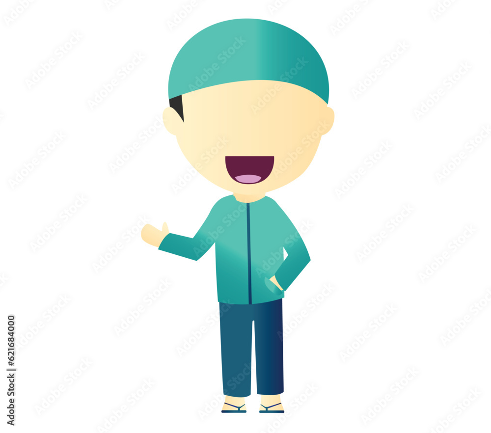 Muslim Boy Character Presentation Pose Vector Muslim Boy Character Presentation Pose Vector