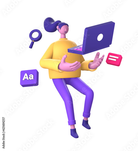 purple illustration icon of 3D character using a laptop to work for UI UX social media ads design