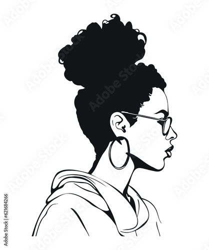 Black woman face. Portrait of african american woman with eyeglasses. Afro messy bun hairstyle. Simple black silhouette graphic. Cartoon style. Vector illustration on white isolated background.